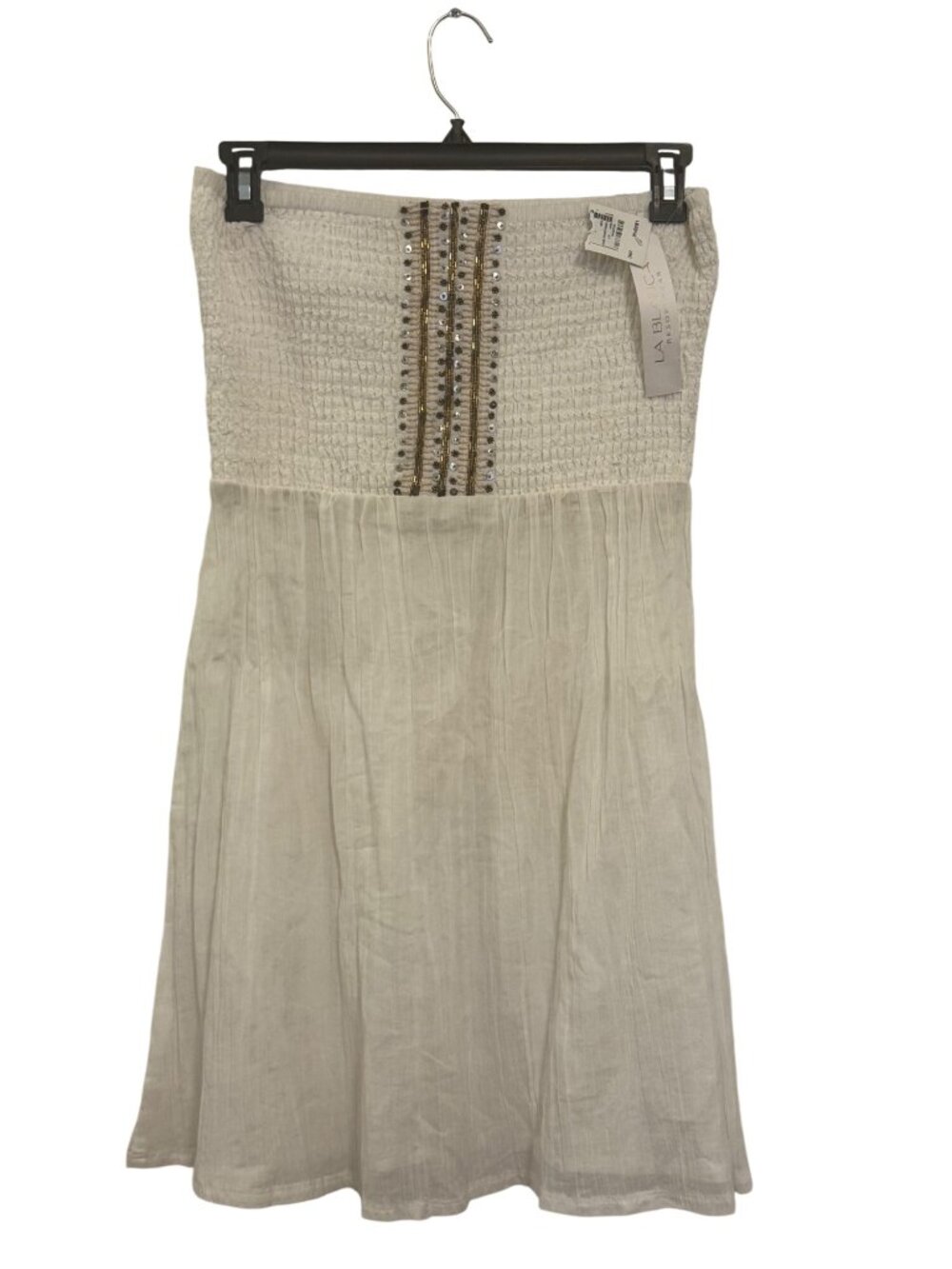La Blanca White Cotton Smocked Beaded Midi Dress Resortwear Size S
